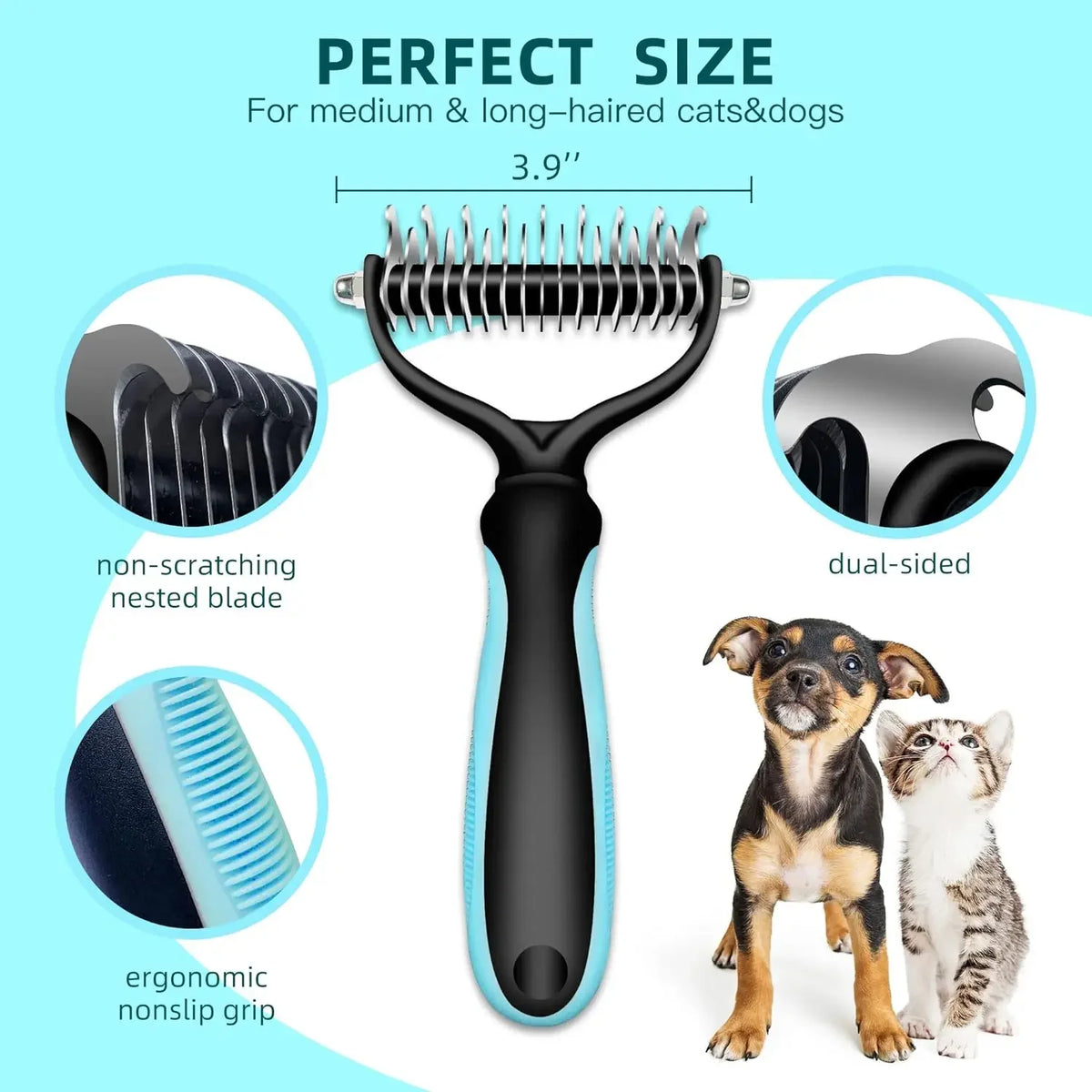 Peigne Démêlant Double Face en Acier Inoxydable pour Chien & Chat – Râteau Anti-Nœuds & Brosse Sous-Poil de Mue Professionnelle