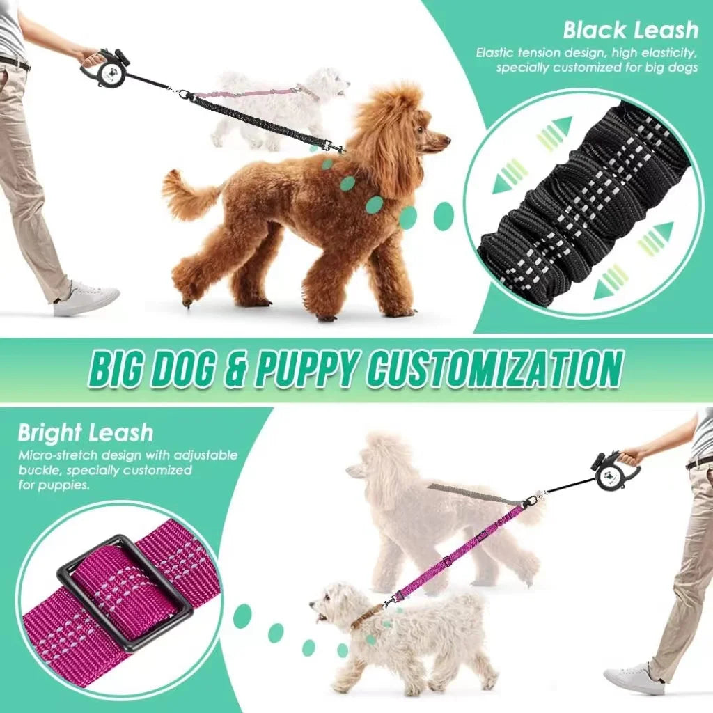Laisse Double pour 2 Chiens avec Amortisseur Anti-Traction – Séparateur Élastique Réglable Anti-Nœuds