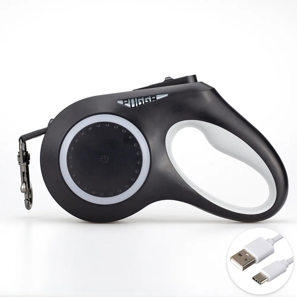 Laisse Rétractable Automatique 5 m avec Éclairage LED pour Chien – Laisse Enrouleur Nocturne Rechargeable USB avec Lampe Torche