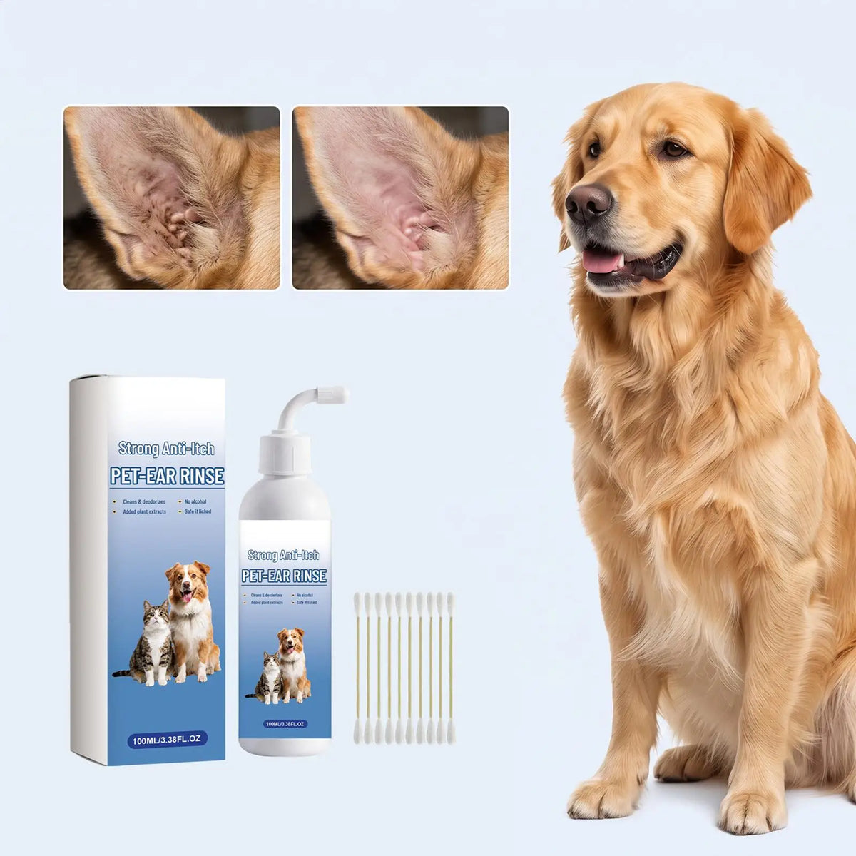 Nettoyant Oreilles Doux pour Chien & Chat (100 ml) – Lotion Auriculaire Anti-Démangeaisons, Dissolvant Cérumen & Soin Apaisant