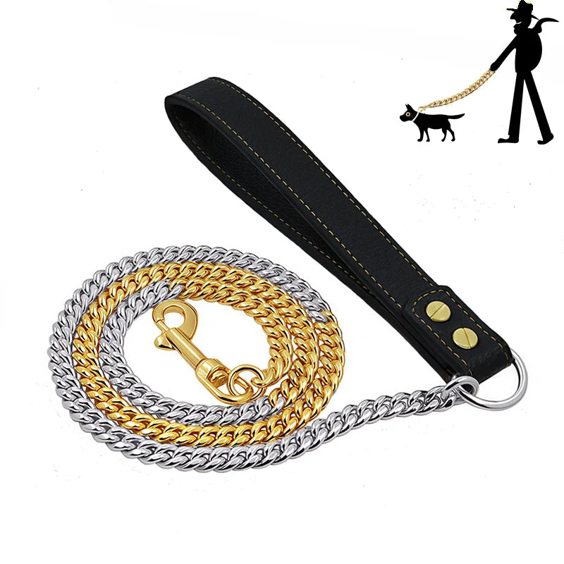 Golden Dog Leash Stainless Steel Pet Chain Strong Metal Dog Lead Chain For Small Medium Large Dog Labrador Retriever Dobermann