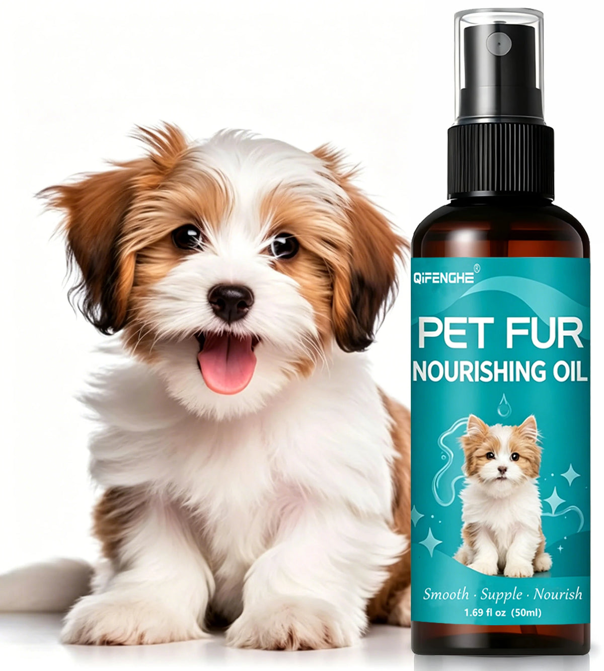 Huile Nourrissante & Démêlante Sans Rinçage pour Chien & Chat (50 ml) – Sérum Brillance, Anti-Nœuds & Soin Anti-Chute de Poils Qifenghe