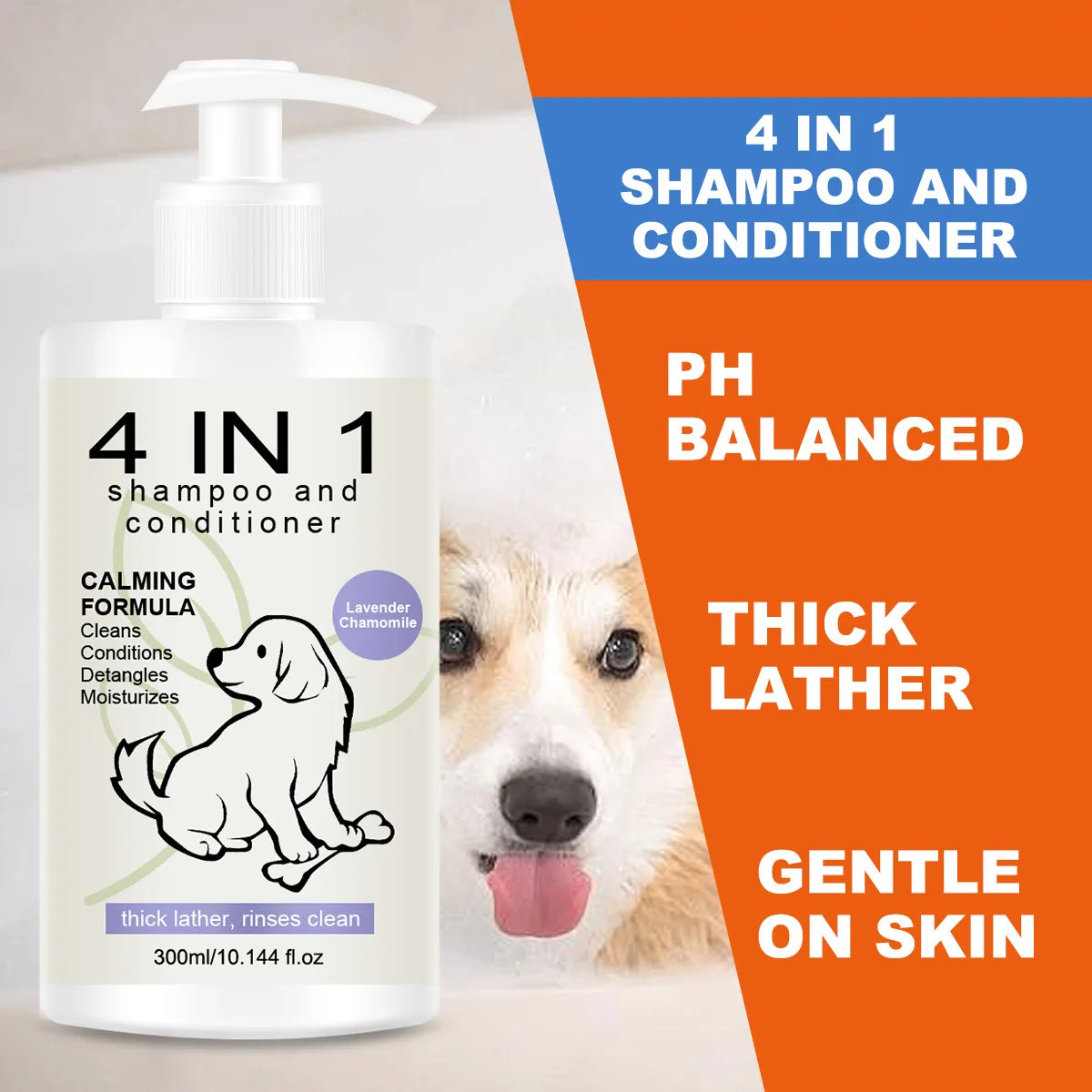 Shampoing & Après-Shampoing 4-en-1 pour Chien & Chat (100 ml) – Soin Lavant Démêlant, Anti-Chute de Poils & Parfum Frais Longue Durée