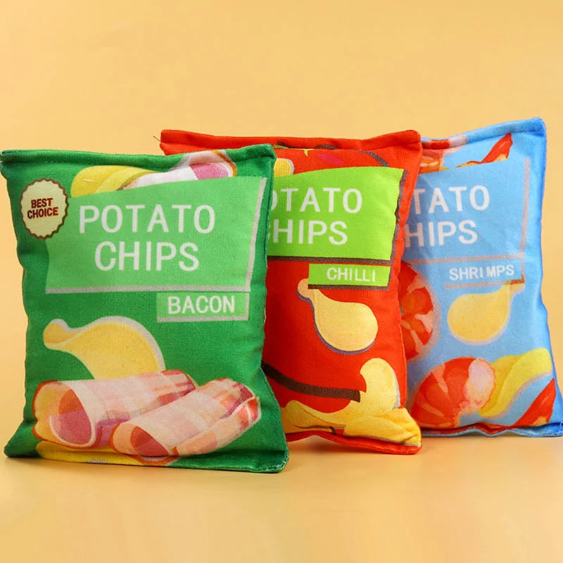 Funny Potato Chips Shape Squeaky Dog Toy Plush Interactive Pet Chew Toy Sounding Paper Toys Puppy Training Stress Relief Gift