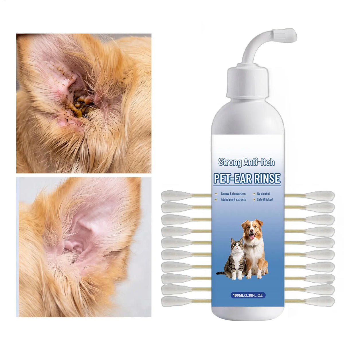 Nettoyant Oreilles Doux pour Chien & Chat (100 ml) – Lotion Auriculaire Anti-Démangeaisons, Dissolvant Cérumen & Soin Apaisant