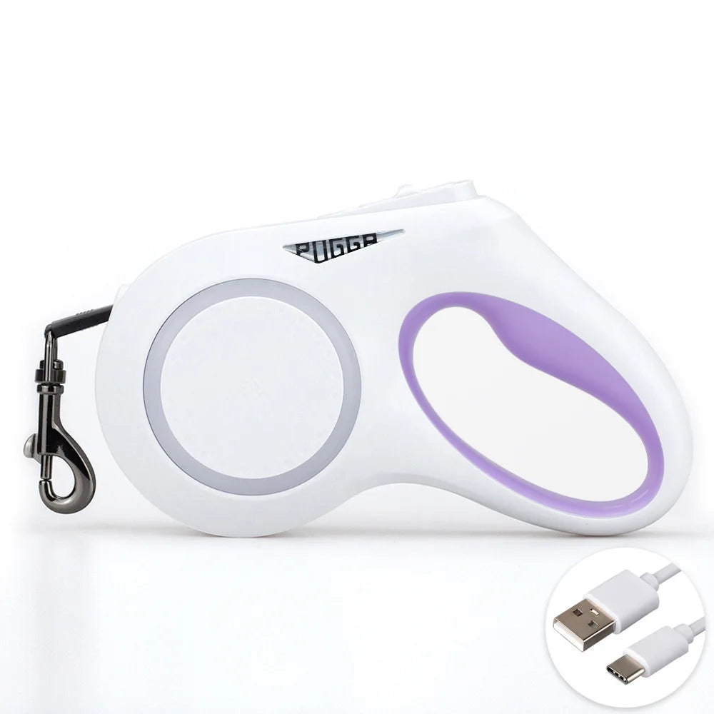 Laisse Rétractable Automatique 5 m avec Éclairage LED pour Chien – Laisse Enrouleur Nocturne Rechargeable USB avec Lampe Torche