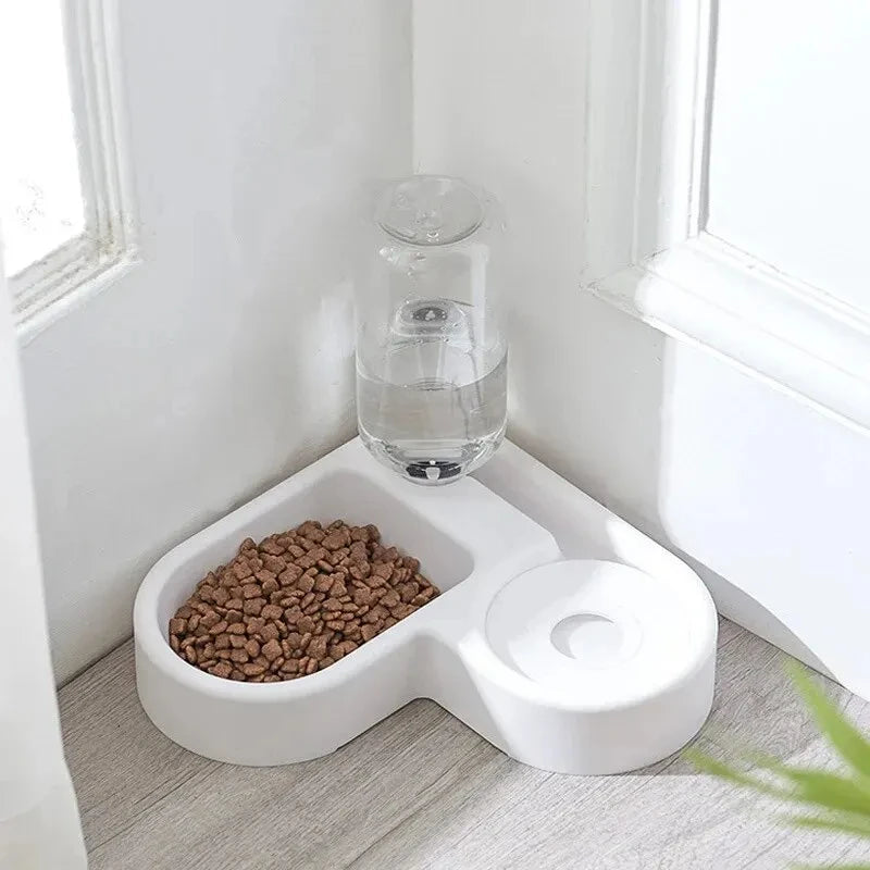 Gamelle Double 2-en-1 avec Abreuvoir Automatique pour Chien & Chat – Distributeur d'Eau avec Disque Anti-Éclaboussures & Écuelle Repas