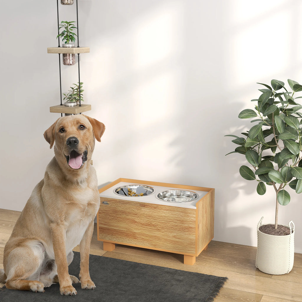 Pawhut Elevated Dog Feeder with Removable Slow Feeder Oak