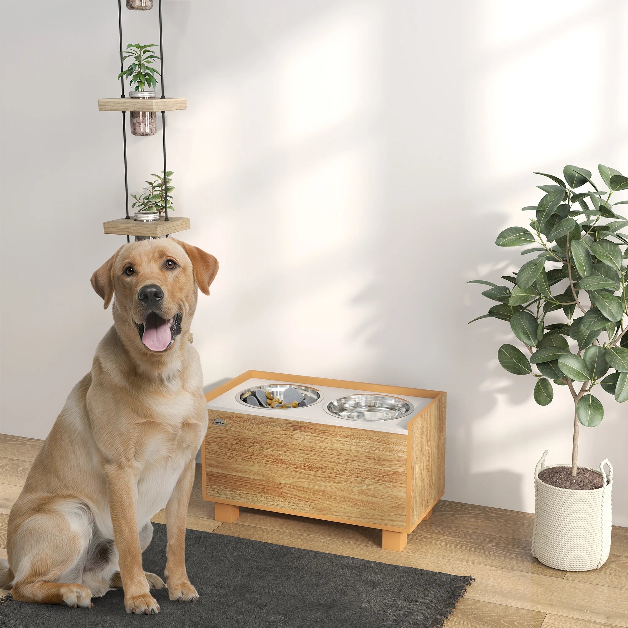 Pawhut Elevated Dog Feeder with Removable Slow Feeder Oak