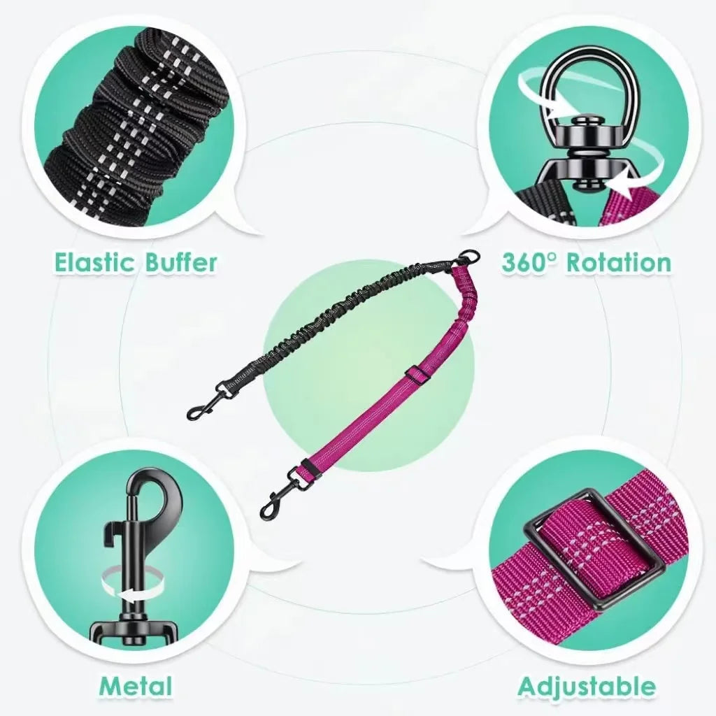 Laisse Double pour 2 Chiens avec Amortisseur Anti-Traction – Séparateur Élastique Réglable Anti-Nœuds