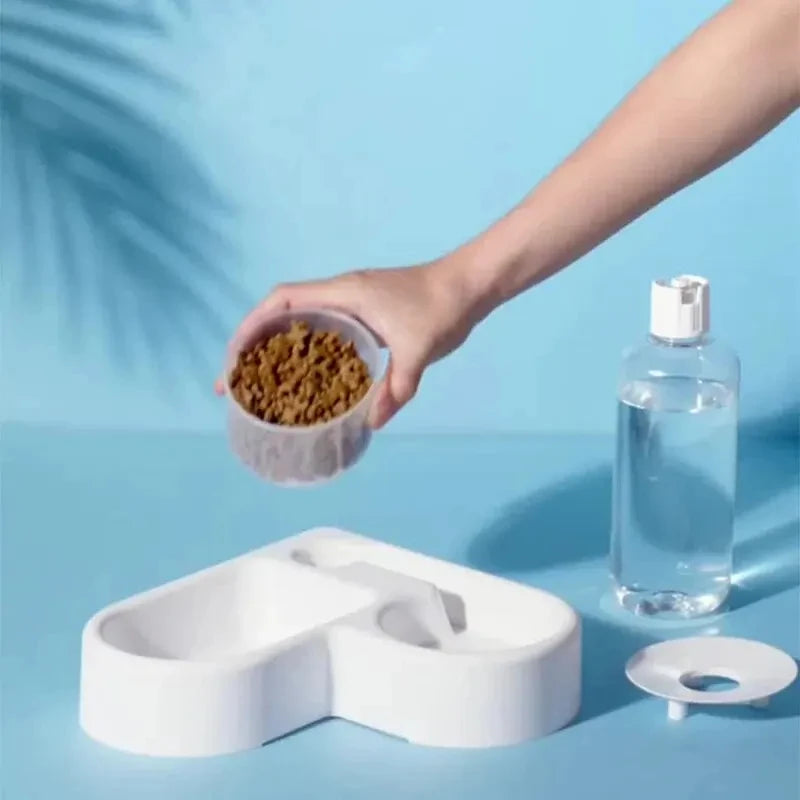 Gamelle Double 2-en-1 avec Abreuvoir Automatique pour Chien & Chat – Distributeur d'Eau avec Disque Anti-Éclaboussures & Écuelle Repas