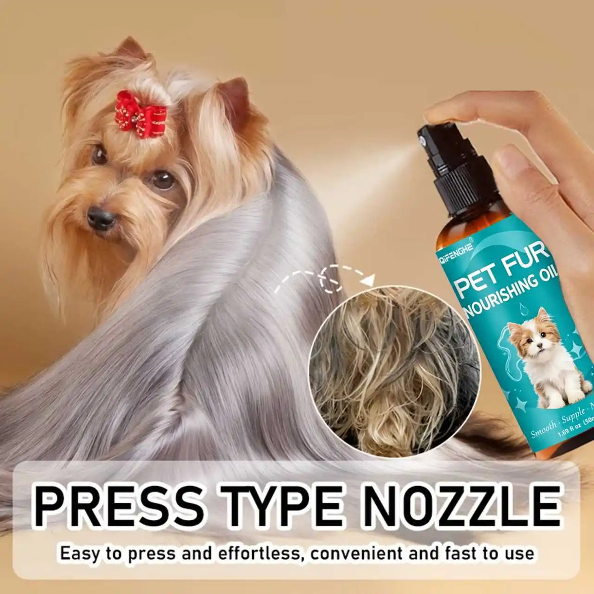 Huile Nourrissante & Démêlante Sans Rinçage pour Chien & Chat (50 ml) – Sérum Brillance, Anti-Nœuds & Soin Anti-Chute de Poils Qifenghe