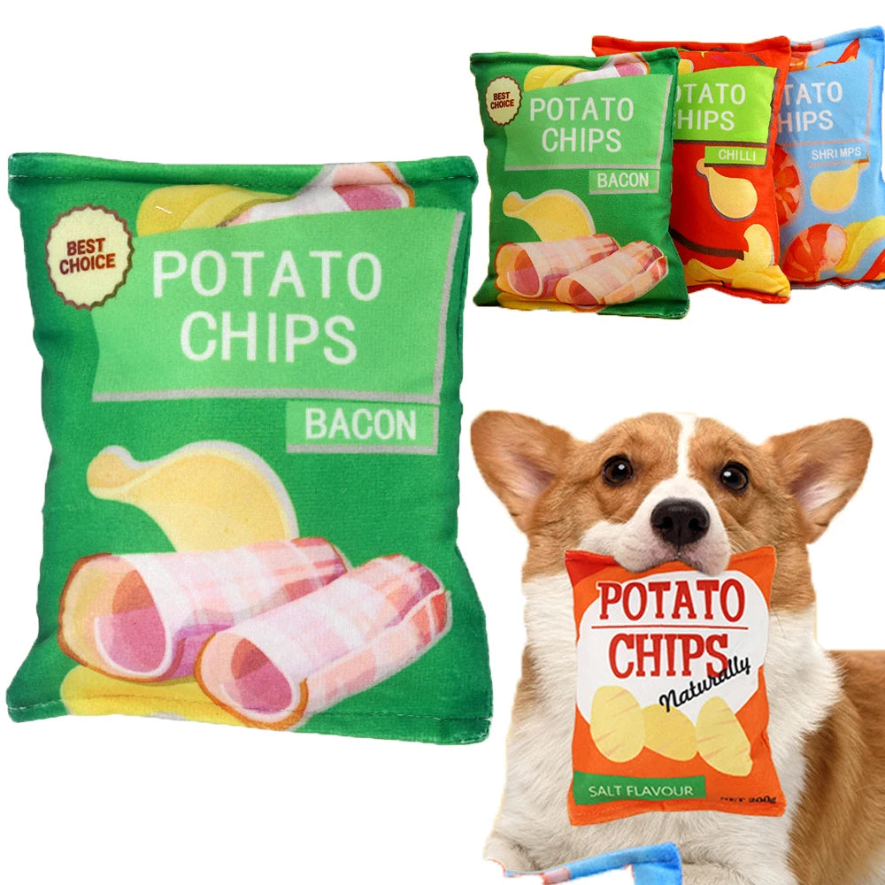 Funny Potato Chips Shape Squeaky Dog Toy Plush Interactive Pet Chew Toy Sounding Paper Toys Puppy Training Stress Relief Gift