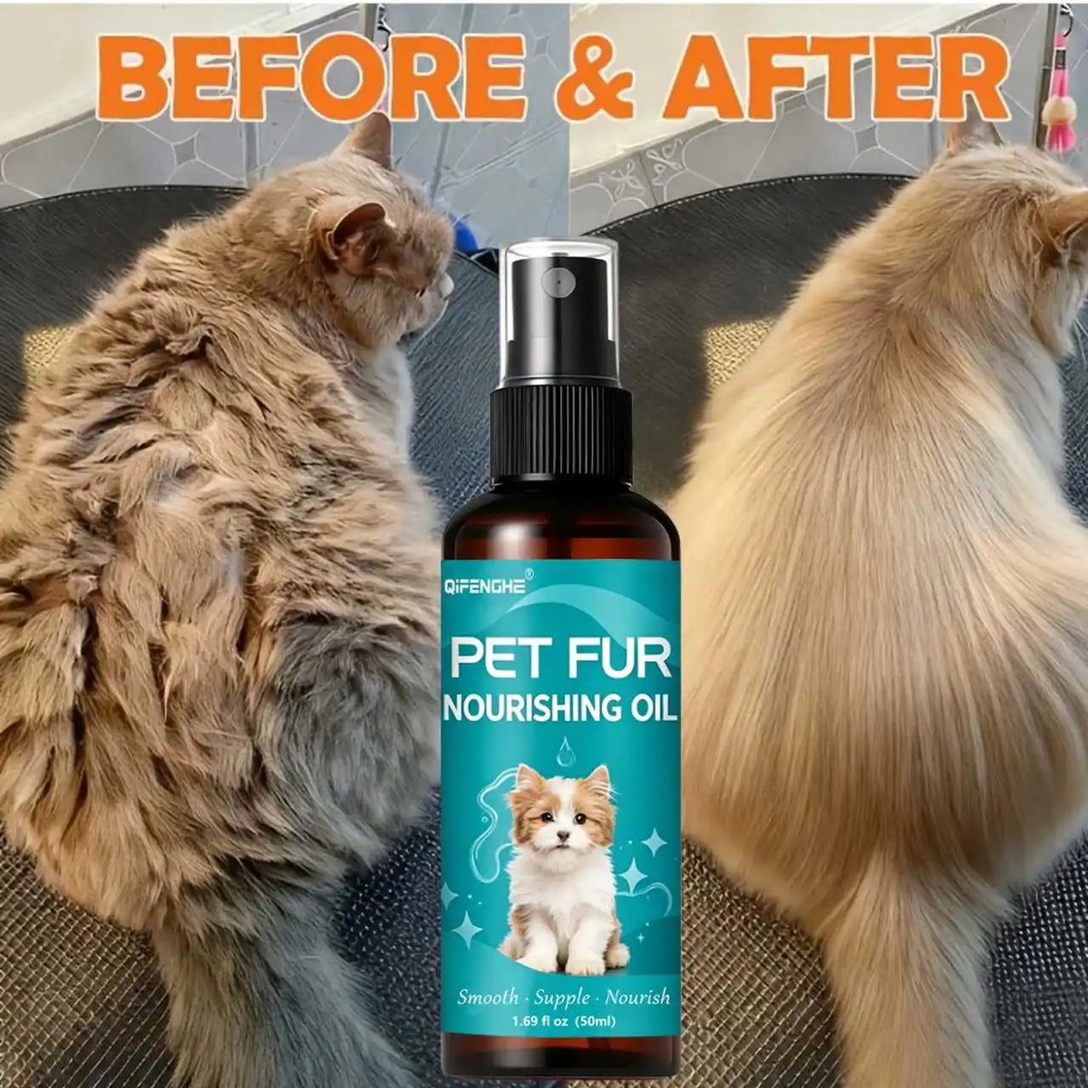 Huile Nourrissante & Démêlante Sans Rinçage pour Chien & Chat (50 ml) – Sérum Brillance, Anti-Nœuds & Soin Anti-Chute de Poils Qifenghe