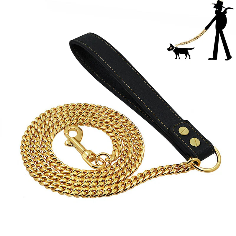 Golden Dog Leash Stainless Steel Pet Chain Strong Metal Dog Lead Chain For Small Medium Large Dog Labrador Retriever Dobermann