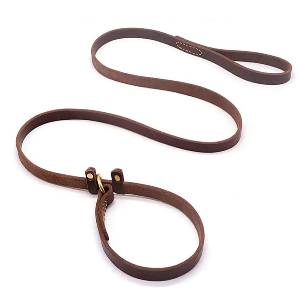 Laisse Lasso en Cuir Véritable pour Chien – Laisse Éducation Style Britannique 2-en-1 avec Collier Intégré Réglable & Butée de Sécurité