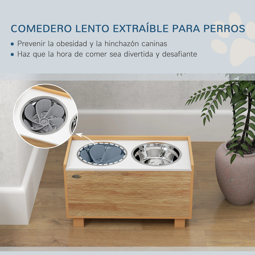 Pawhut Elevated Dog Feeder with Removable Slow Feeder Oak