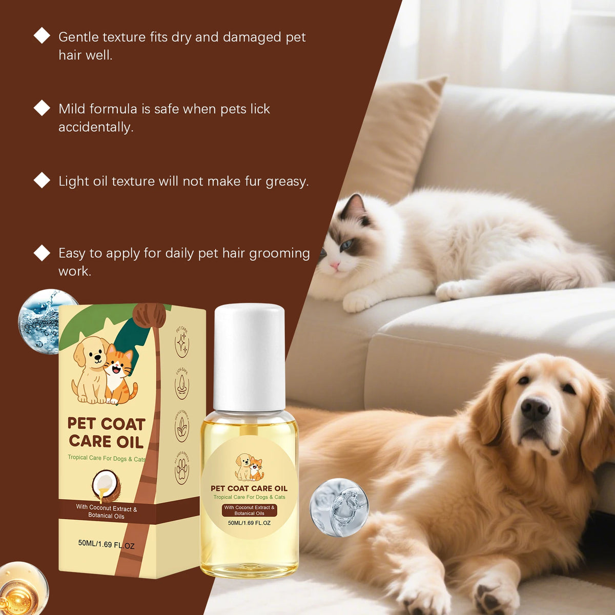 Huile Végétale Nourrissante à la Noix de Coco pour Chien & Chat – Démêlant Naturel, Brillance & Soin Pelage Doux Sans Rinçage