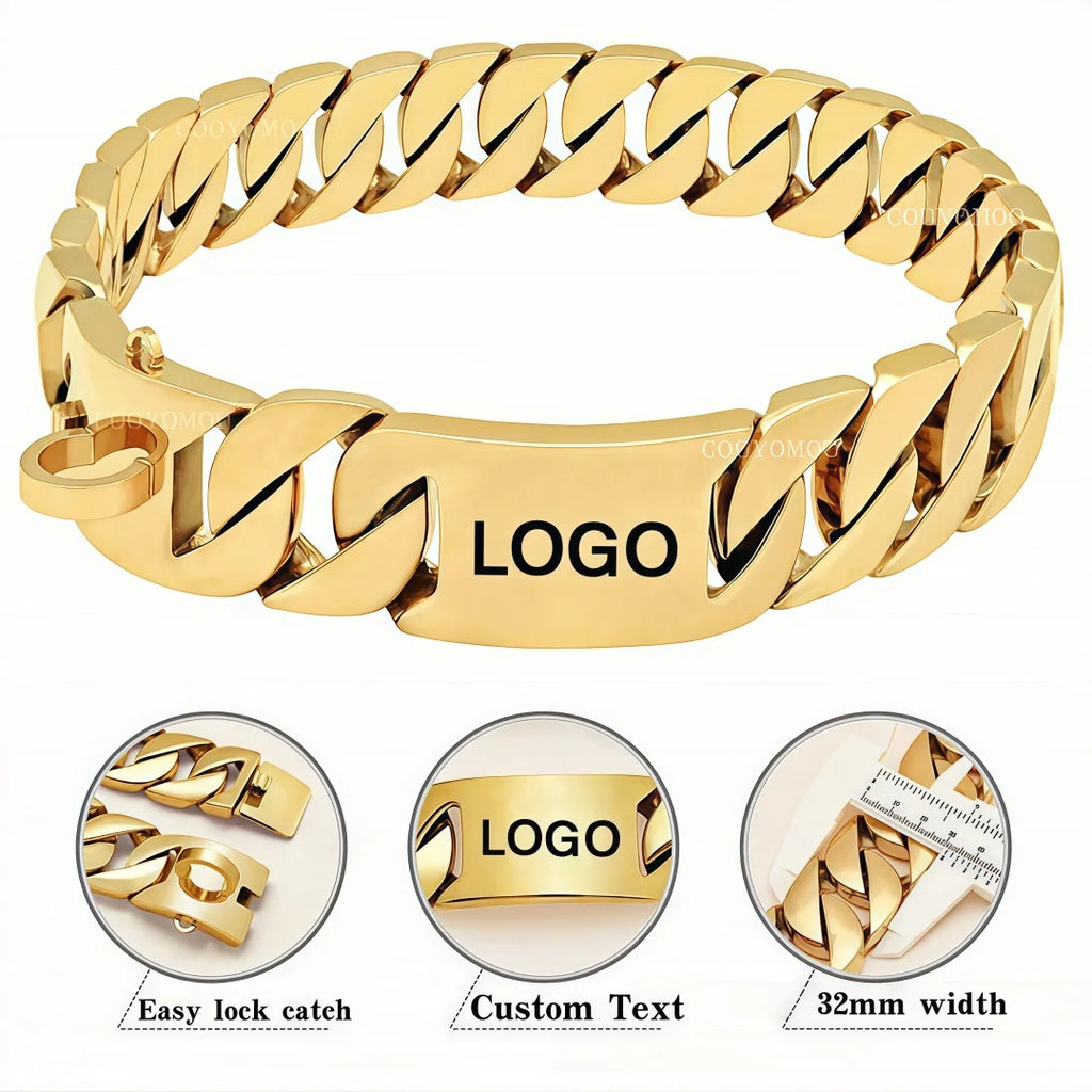 Strong Metal Titanium Solid Steel Collar 32mmStainless Steel Gold Dog Collar Lettering Custom Chain Bully French Fight Large Dog