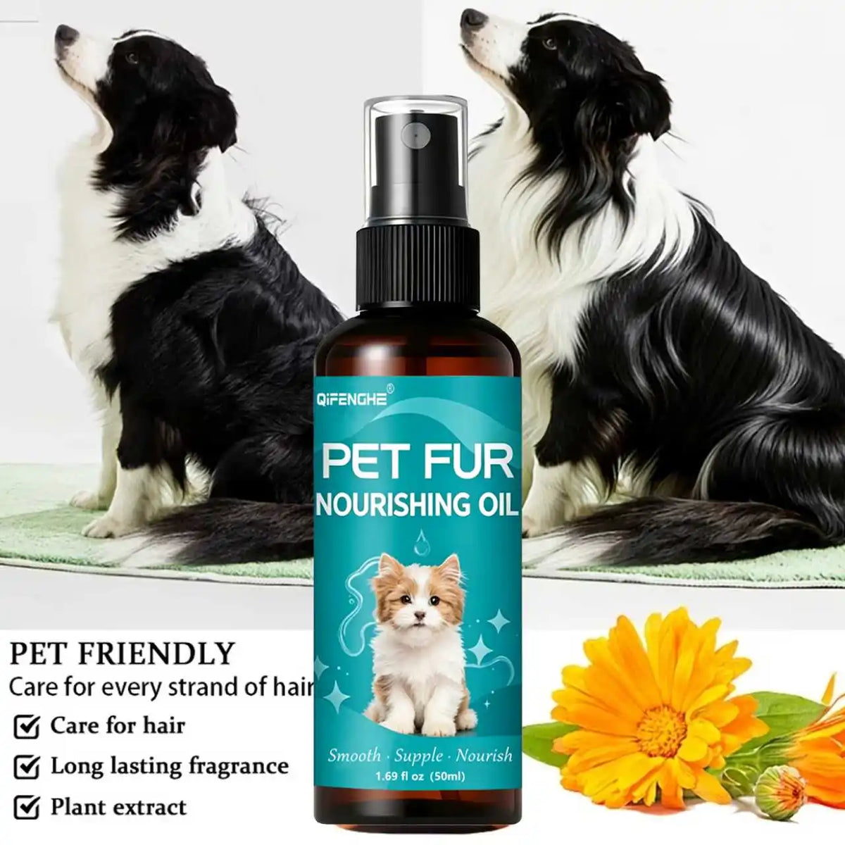 Huile Nourrissante & Démêlante Sans Rinçage pour Chien & Chat (50 ml) – Sérum Brillance, Anti-Nœuds & Soin Anti-Chute de Poils Qifenghe