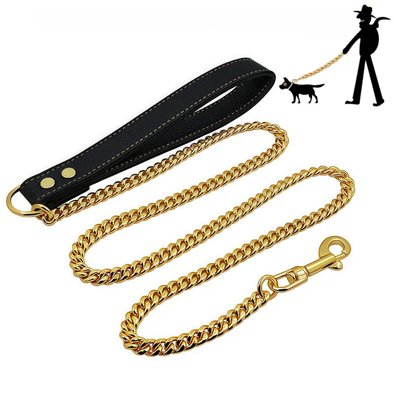 Golden Dog Leash Stainless Steel Pet Chain Strong Metal Dog Lead Chain For Small Medium Large Dog Labrador Retriever Dobermann