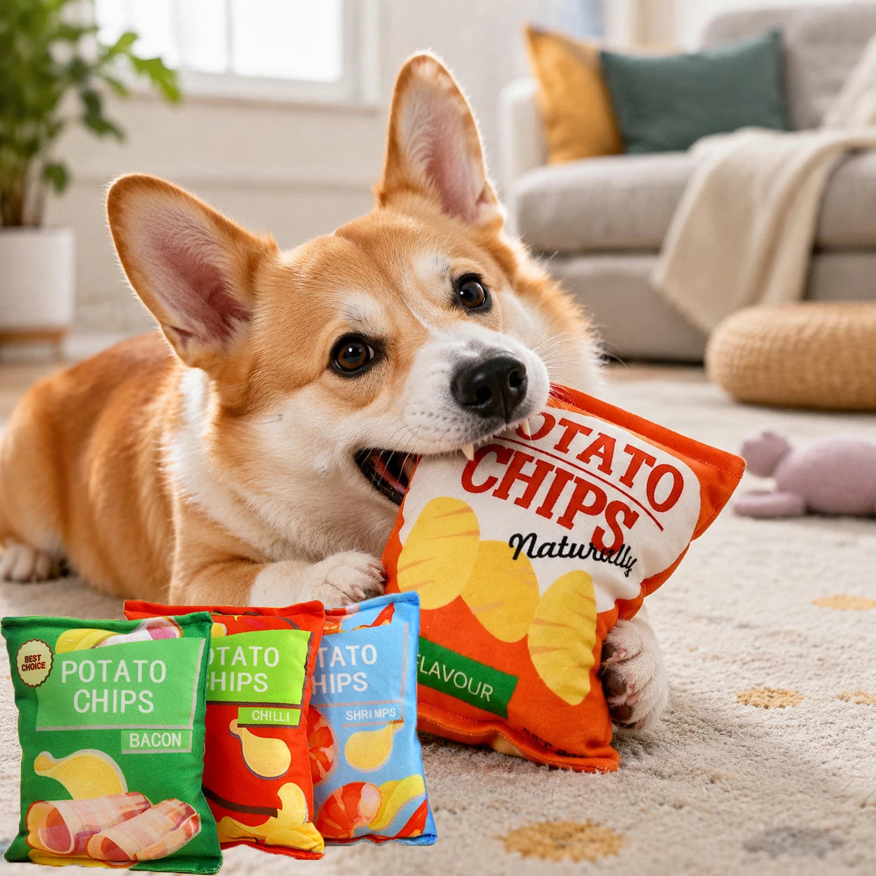 Funny Potato Chips Shape Squeaky Dog Toy Plush Interactive Pet Chew Toy Sounding Paper Toys Puppy Training Stress Relief Gift