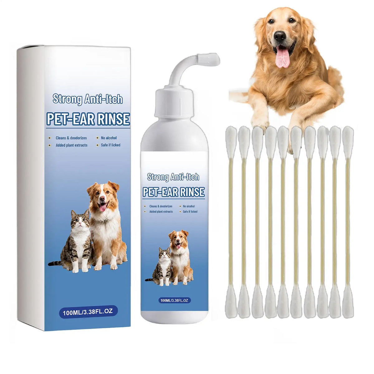 Nettoyant Oreilles Doux pour Chien & Chat (100 ml) – Lotion Auriculaire Anti-Démangeaisons, Dissolvant Cérumen & Soin Apaisant