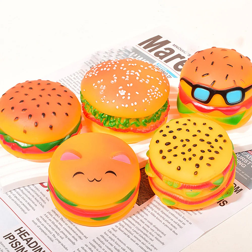 Squeaky Hamburger Dog Toy - Chew Toy for Teeth Cleaning & Molar Care, Interactive Squeaking Pet Toy,