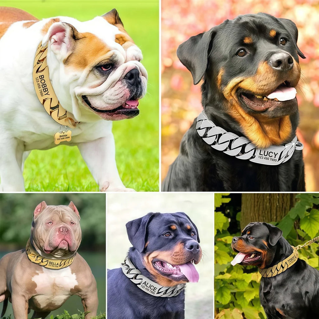 Strong Metal Titanium Solid Steel Collar 32mmStainless Steel Gold Dog Collar Lettering Custom Chain Bully French Fight Large Dog