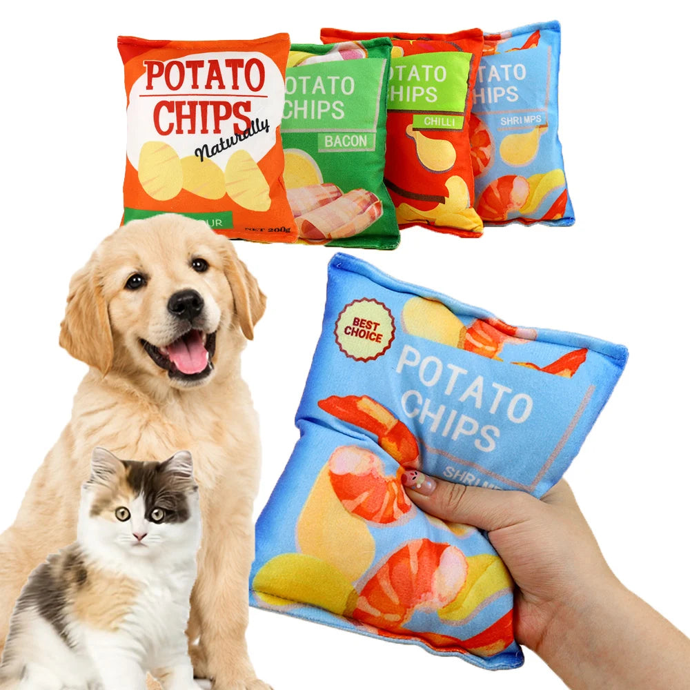 Funny Potato Chips Shape Squeaky Dog Toy Plush Interactive Pet Chew Toy Sounding Paper Toys Puppy Training Stress Relief Gift