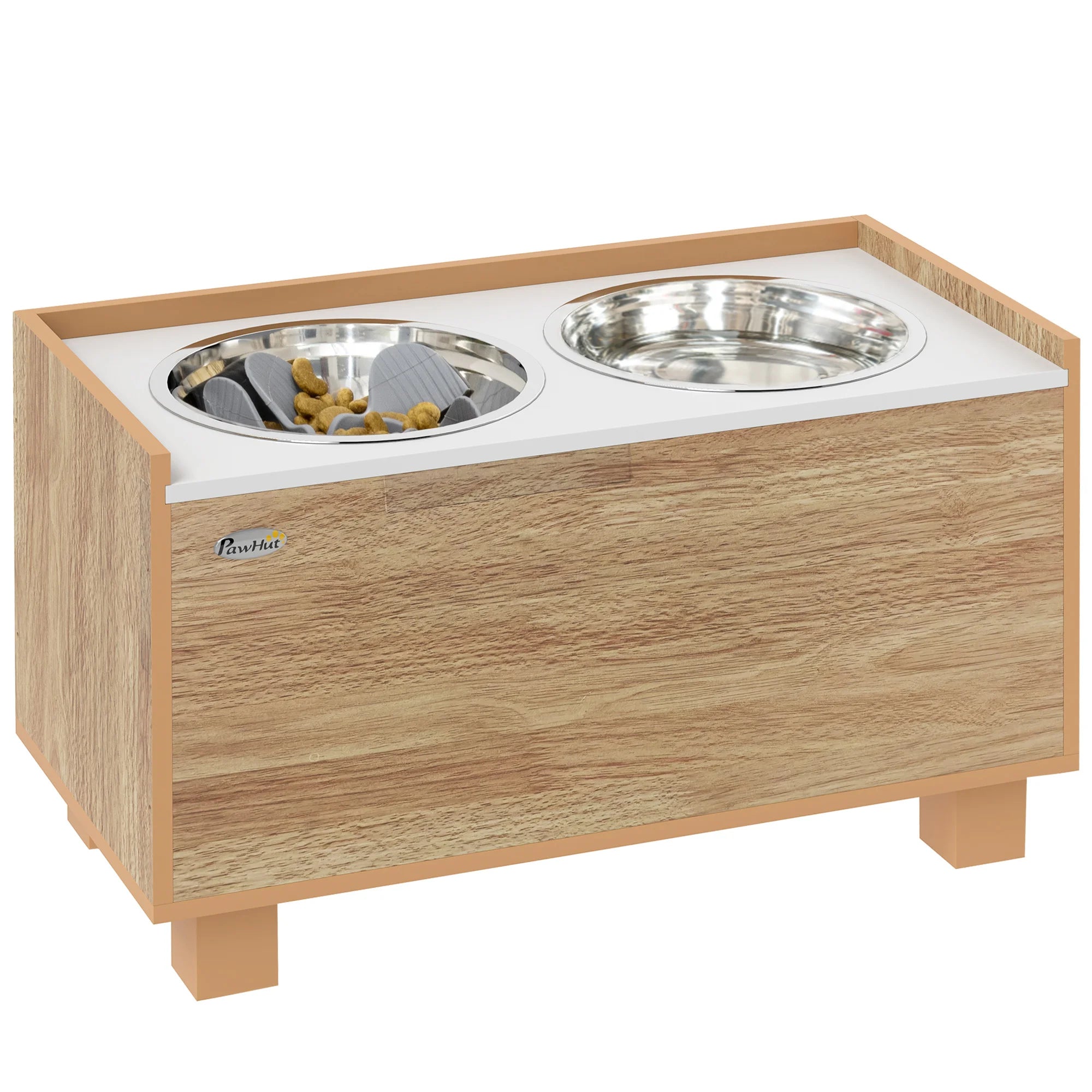 Pawhut Elevated Dog Feeder with Removable Slow Feeder Oak