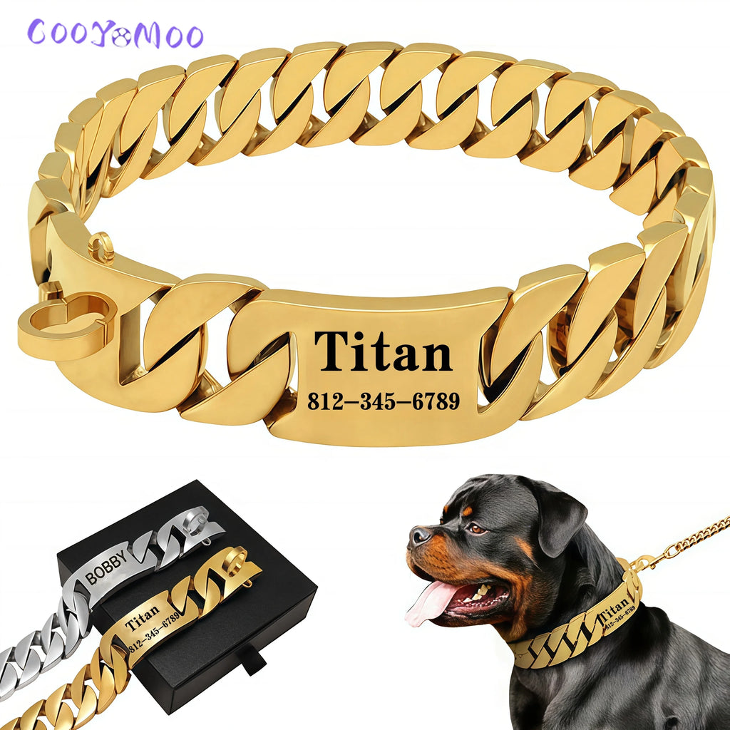 Strong Metal Titanium Solid Steel Collar 32mmStainless Steel Gold Dog Collar Lettering Custom Chain Bully French Fight Large Dog