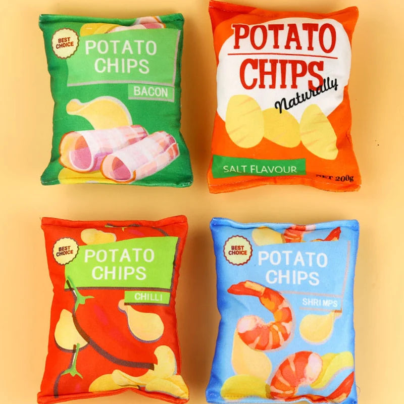 Funny Potato Chips Shape Squeaky Dog Toy Plush Interactive Pet Chew Toy Sounding Paper Toys Puppy Training Stress Relief Gift