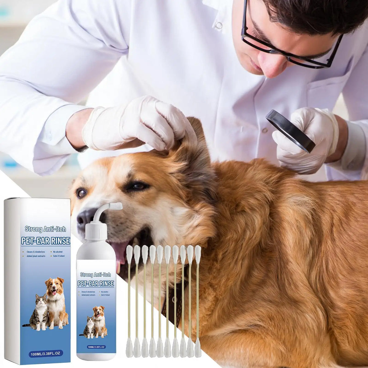 Nettoyant Oreilles Doux pour Chien & Chat (100 ml) – Lotion Auriculaire Anti-Démangeaisons, Dissolvant Cérumen & Soin Apaisant